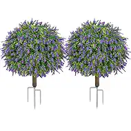 25.4" Artificial Boxwood Topiary Ball Trees with Lavender | Set of 2 Fake Evergreen Shrubs with Metal Ground Spikes, UV Resistant Fake Plants for Outdoor Front Porch Patio Decor