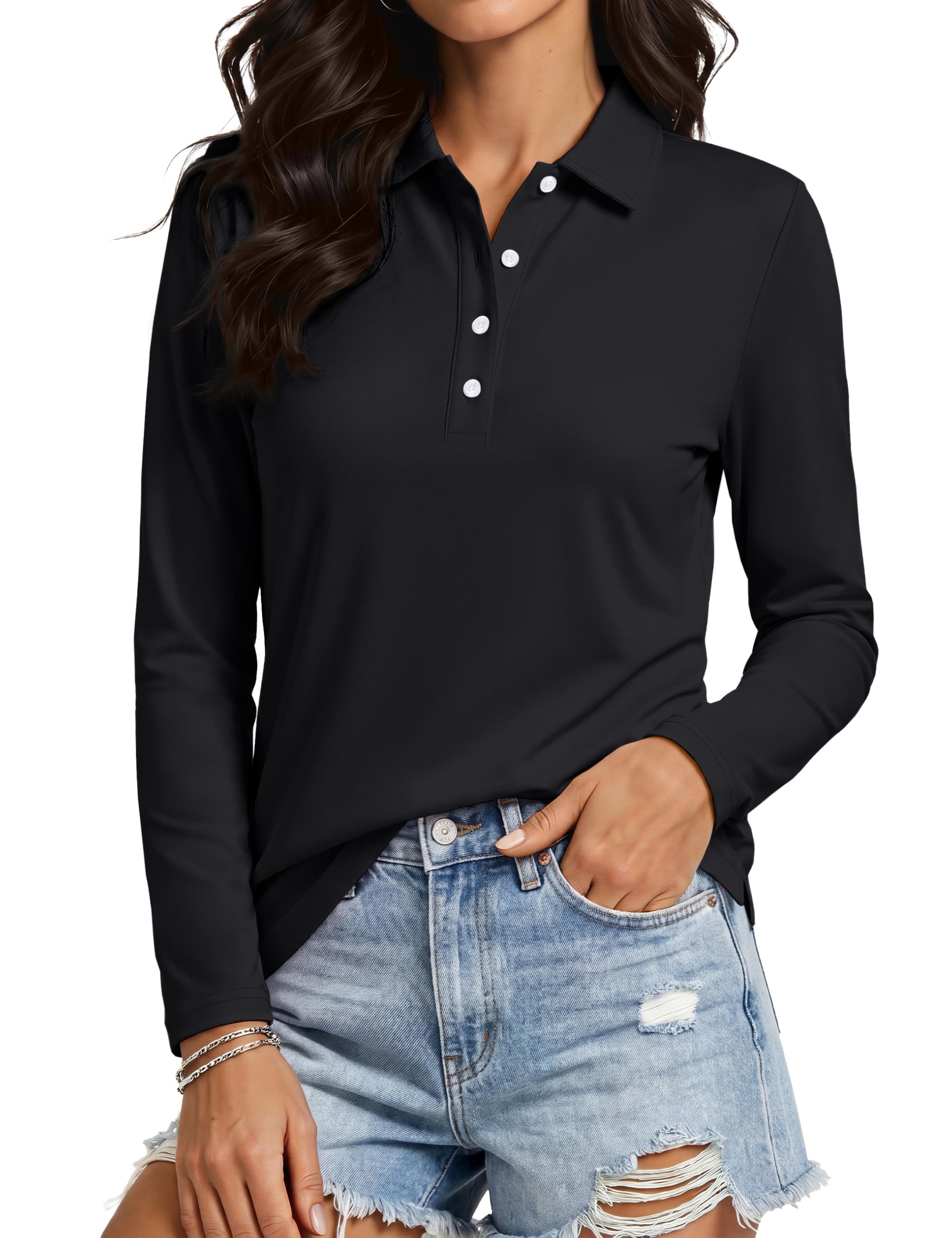 MAGCOMSEN Poloshirt Damen UV Schutz Langarm Polo Funktionsshirt Golfshirt | Funktions Poloshirt für Damen,UV Schutz UPF 50+,Golf Langarm Polo Shirt,Leicht & Atmungsaktiv,Activewear Top,4 Knöpfe Polo