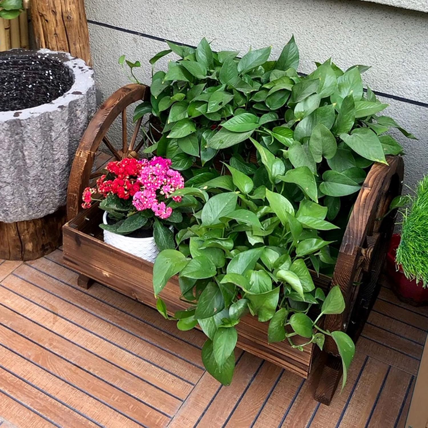 Outdoor Potted Shelf, Plant Stand Plant Holder Wood Modern Flower Potted Holder Rack for Indoor Outdoor, Tricycle Planter, Garden Creative Decoration, Flower Pot Cart Holder,Natural