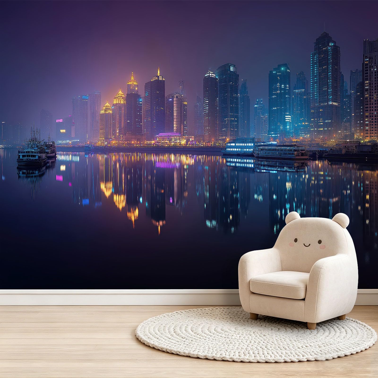 Fototapeta z włókniny, panorama miasta, widok nocny i odbicie rzeki, 250 x 175 cm, fototapeta, sypialnia, salon, nowoczesna tapeta ścienna, tapeta ścienna, wykonana na miarę, ciemnofioletowa