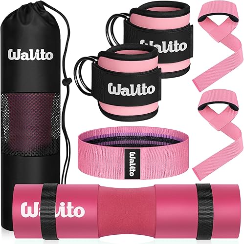 WALITO 7Pcs Barbell Pad Set for Hip Thrust - Squat Pad,Gym Accessories for Women with Bar Bad,Bench Press, with Gym Ankle Straps,Resistance Bands