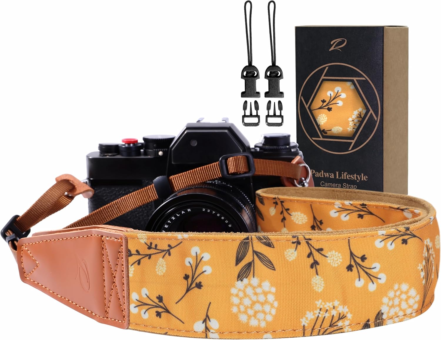 Padwa Lifestyle Camera Strap - 2" Full Grain Leather Ends Camera Straps for Photographers, Vintage Embroidered Cotton Weave Soft Suede Fabric Padded Strap Quick Release fits All Cameras