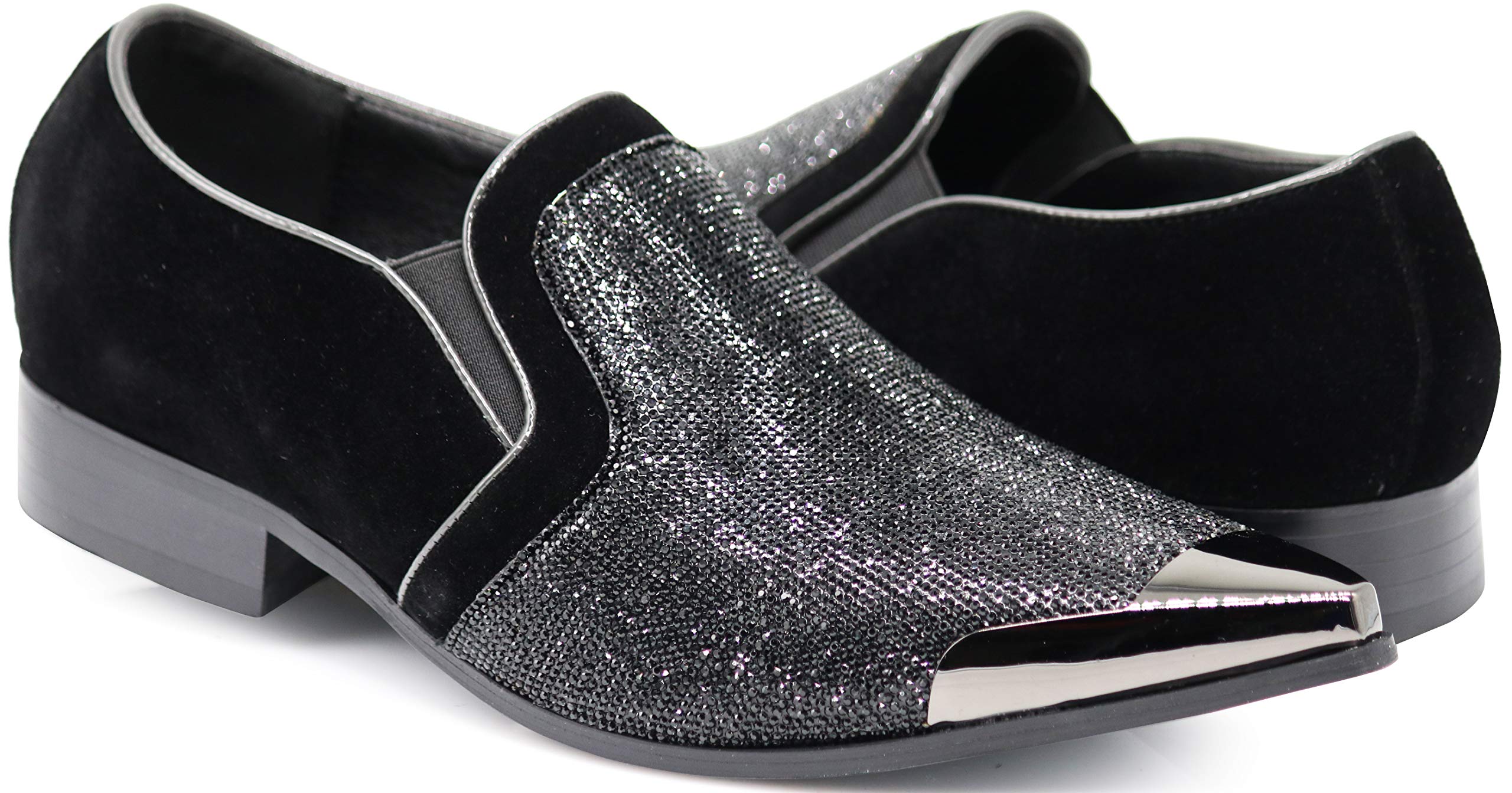 Enzo Romeo Crisiano Men Rhinestone Chrome Toe Suede Pointy Dress Loafer Slip On Shoes