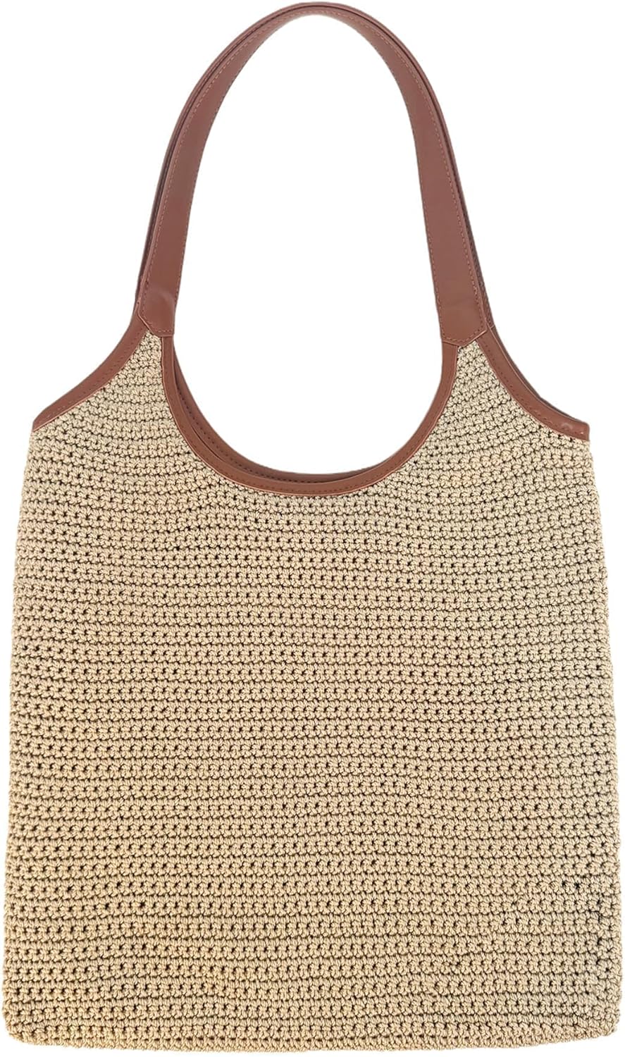 Eiyye Crochet Purse for Women Handmade Flat Woven Shoulder Purse with Wide Leather Straps Lightweight Boho Bag for Shopping Travel Daily Use - Image 9