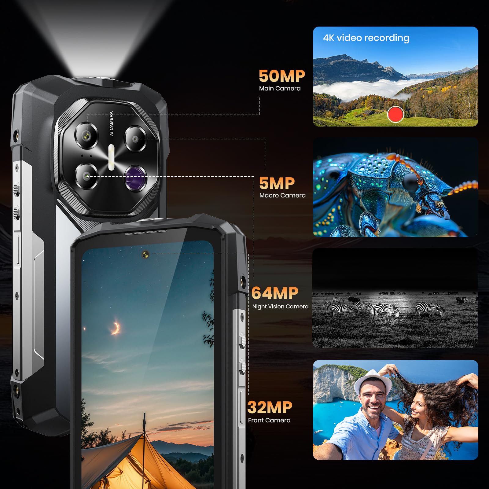 FOSSiBOT F113 5G Téléphone Portable Incassable Vision Nocturne 64MP, 20000mAh, 36Go+256Go, Smartphone Incassable Écran FHD+ 6,78" 120Hz, Android 15 Caméra 50MP Dual SIM IP68/IP69K/NFC/Face ID (Gris)