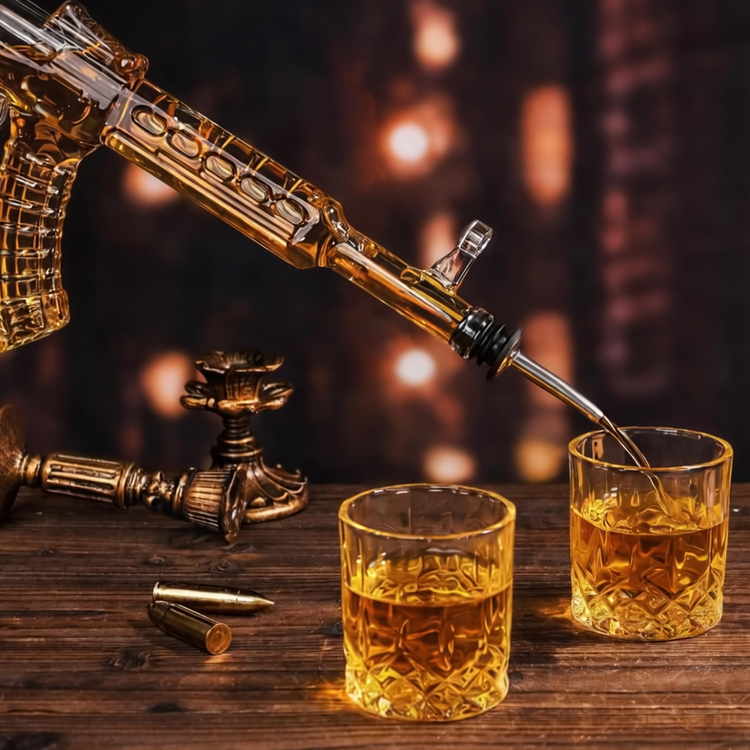 AK47 Kalaschnikow XXL - Juego de decantador de whisky (850 ml, jarra con 2 vasos de 225 ml, cristal y madera, forma de rifle sobre soporte de madera, hecho a mano), regalo para hombres, regalo del día