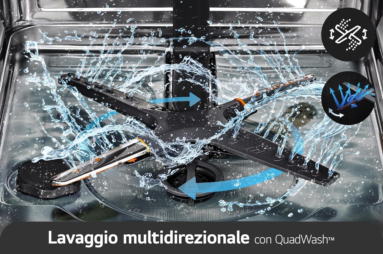 LG QuadWash DB365TXS Lavastoviglie da Incasso a Scomparsa Totale, Serie 3, Classe B, 14 coperti, 4 Bracci Irroratori, Vapore, Cerniere Sliding, Apertura Automatica, 3° Cestello, Wi-Fi, Acciaio