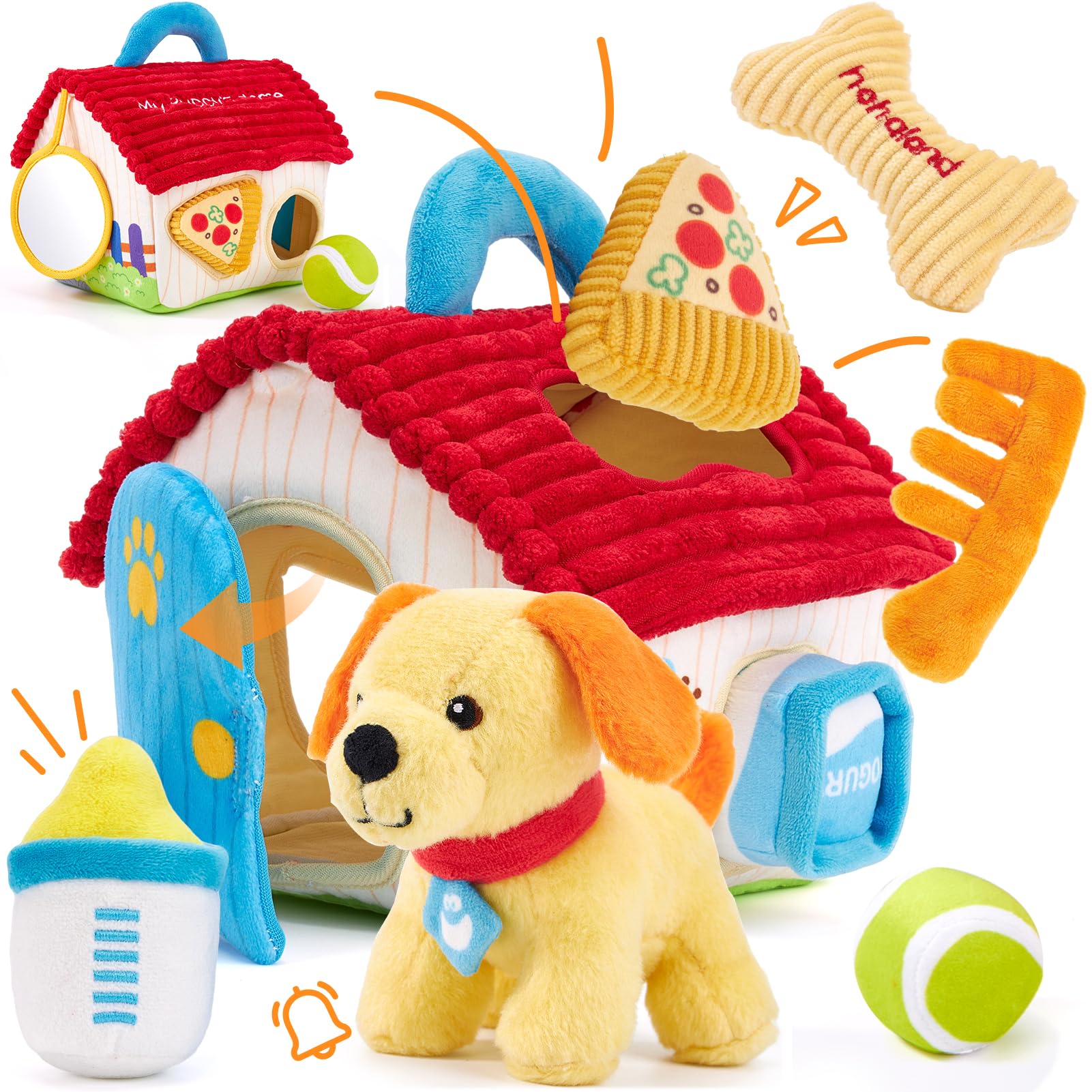 hahaland Juguetes Bebes 6-12 Meses, Cachorro de Peluche Bebe Sensorial Juguete con Sonajas, Arrugas, Espejo - Animales de Juguetes Montessori 6 Meses, Juguetes Niños 1 Año Recien Nacido Global Recycled Standard Global Recycled Standard Global Recycled Standard
