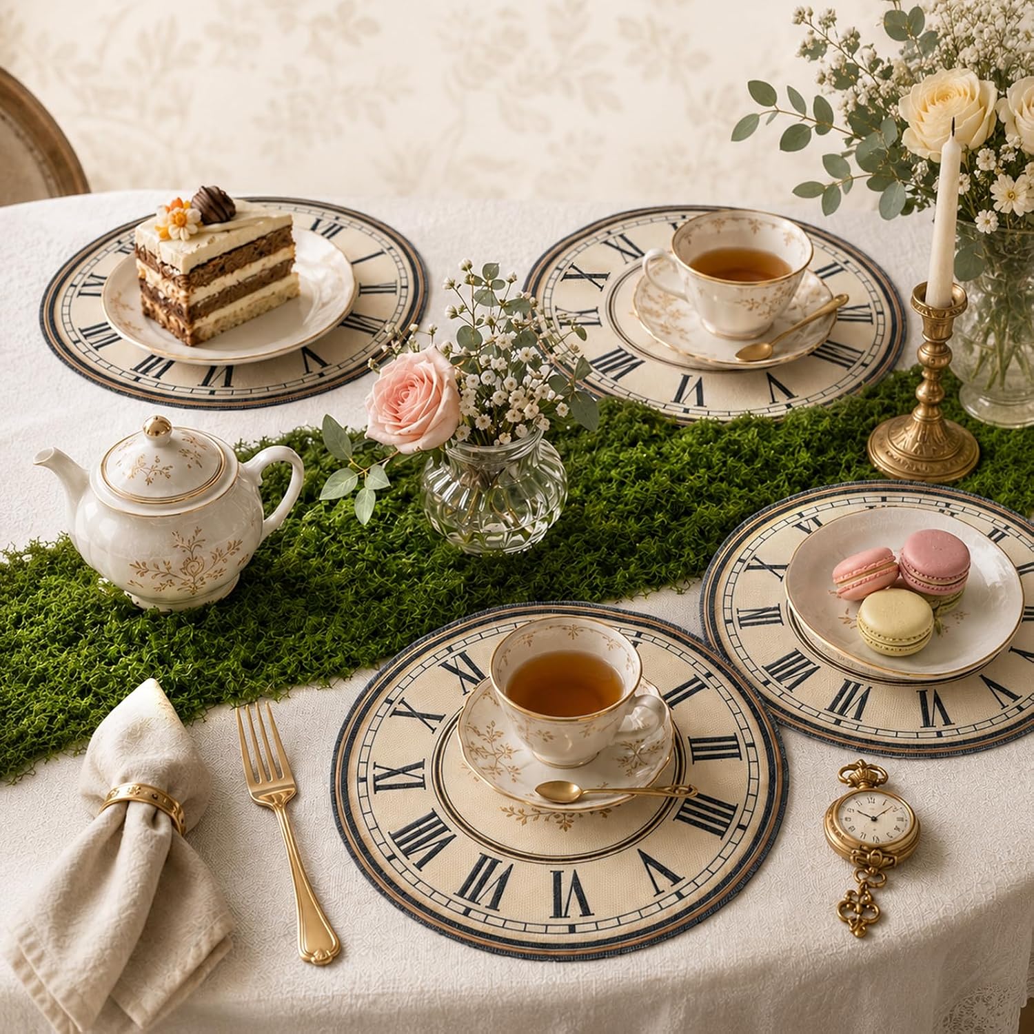 Wonderland Tea Party Decor Fake Moss Table Runner & Fairy Clocks Placemats image 4