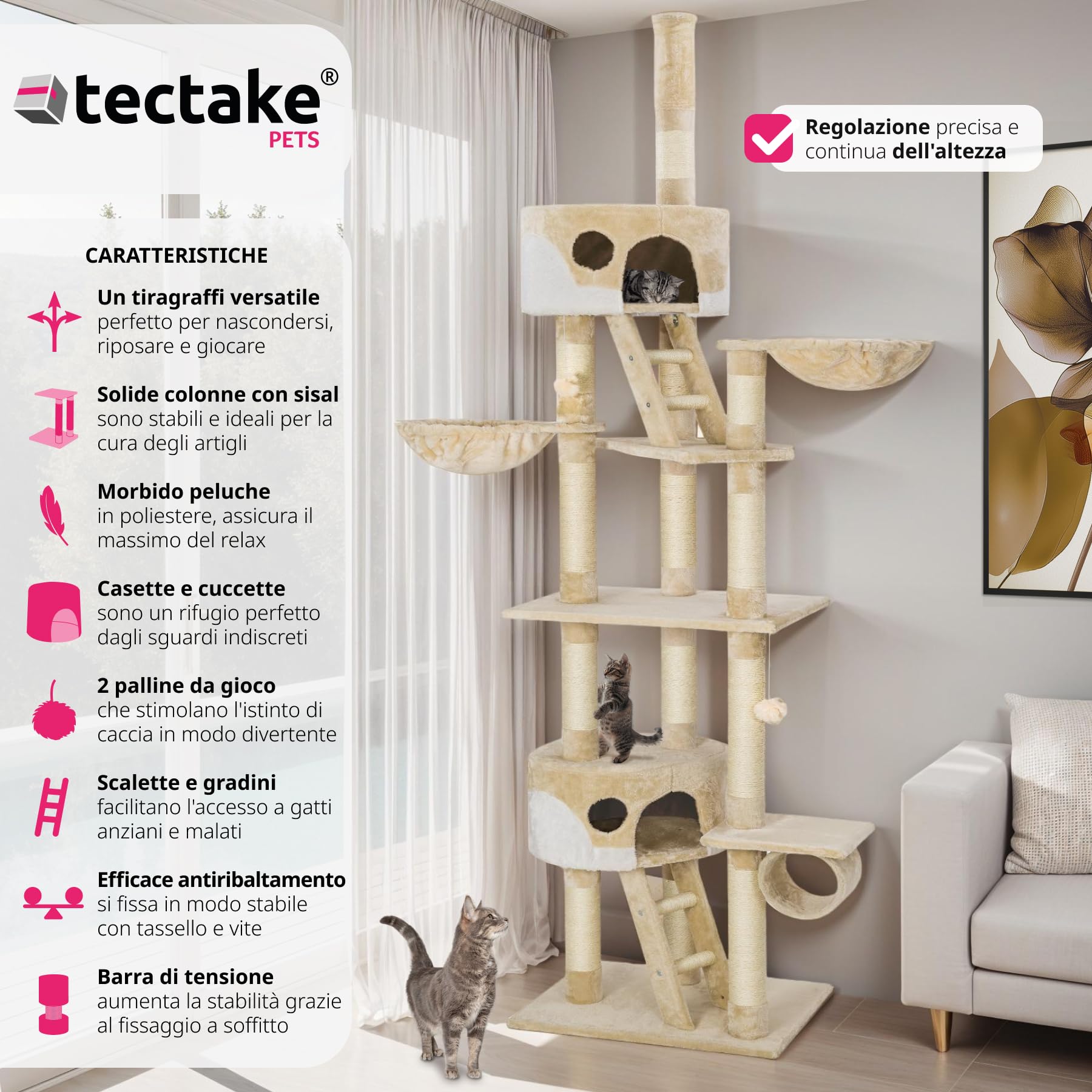 Tiragraffi Verticale Per Gatti 65x32.5x28 Cm – Sisal Resistente, Base In Legno, Con Topolino Giocattolo, Per Interni