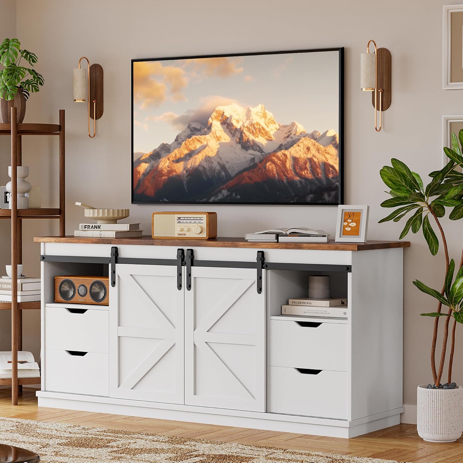 YESHOMY 58" Farmhouse TV Stand for 65" TVs, Sliding Barn Doors, 4 Storage Drawers, Milk White Media Console