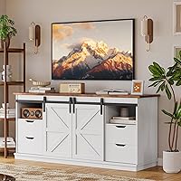 YESHOMY 58" Farmhouse TV Stand for 65" TVs, Sliding Barn Doors, 4 Storage Drawers, Milk White Media Console