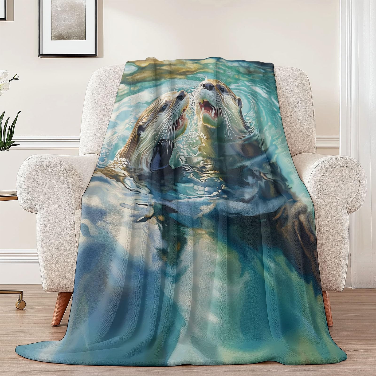 Nadruk jasnozielony, zwierzęcy koc polarowy, miękka wydra powierzchnia wody przytulny flanelowy koc dla nastolatków dorosłych - 150 x 200 cm na łóżko na sofę
