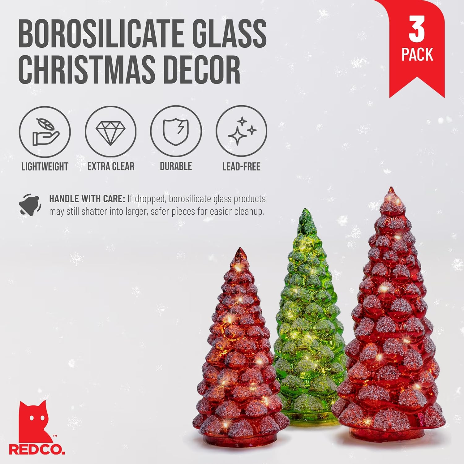 Red Co. Set of 3 (9”, 8”, 7”) Glass Light-Up Decorative Tabletop Christmas Tree Holiday Figurine with LED Lights, Festive Red & Green