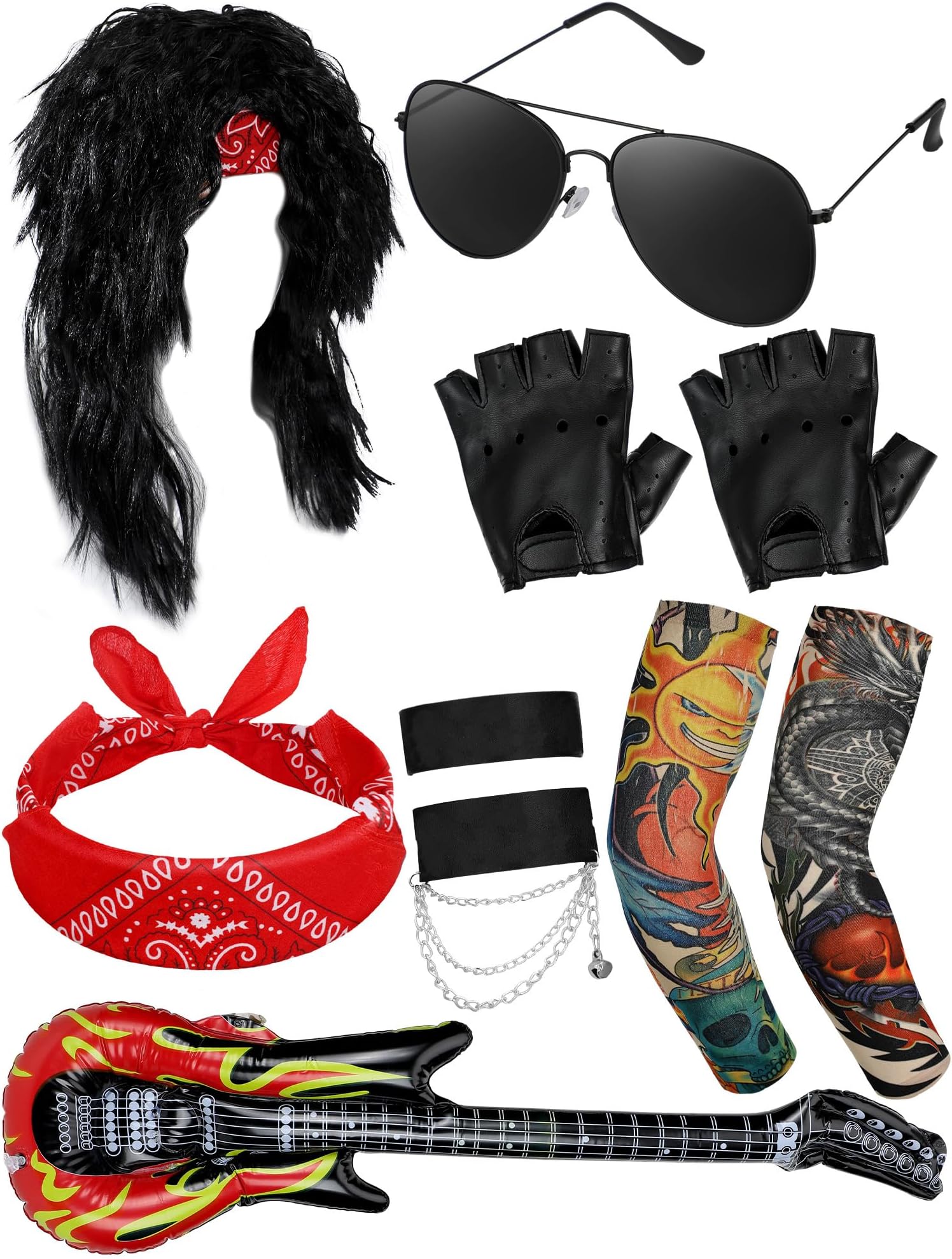Mepase 80s Rock Costume Set for Women Wig Headband Tattoo Sleeve Gloves Cuff Glasses Inflatable Guitar Punk Rock Party