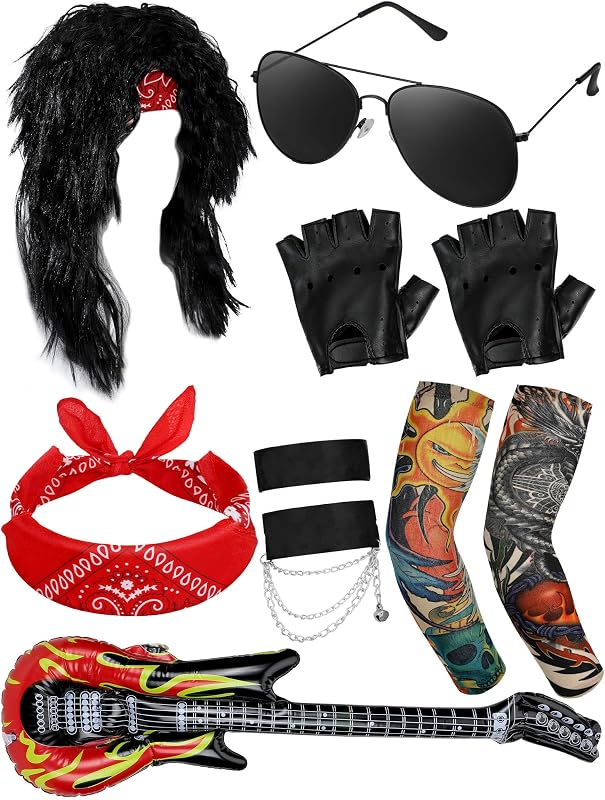 Mepase 9 Pcs Rocker Costume Halloween 80s Costume Accessories