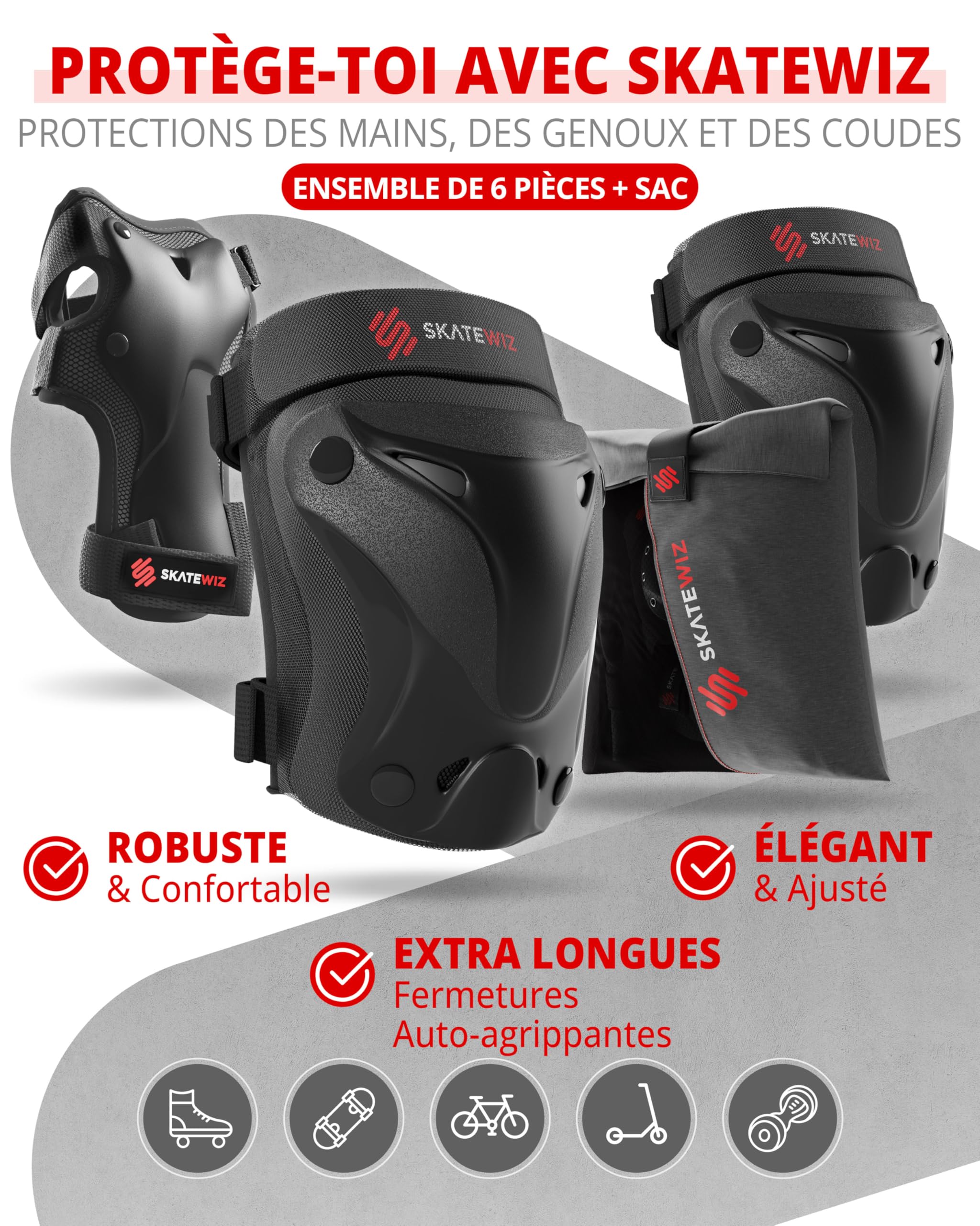 SKATEWIZ Sets de Protection Roller Enfant & Adulte - Protect-1 Protection Skateboard - Protege Genoux Skate Adulte Enfants et Adultes - Overboard, BMX