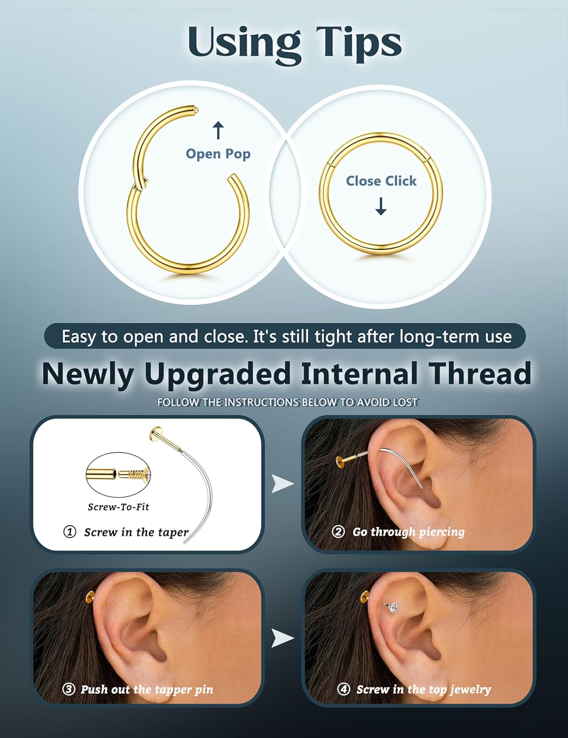 14K Gold Plated Cartilage Earrings Set - 18G 16G Flat Back Earrings Hypoallergenic Surgical Steel Nose Studs Hoops Internal Thread CZ Studs for Cartilage Conch Tragus Helix Piercing Jewelry - Image 3