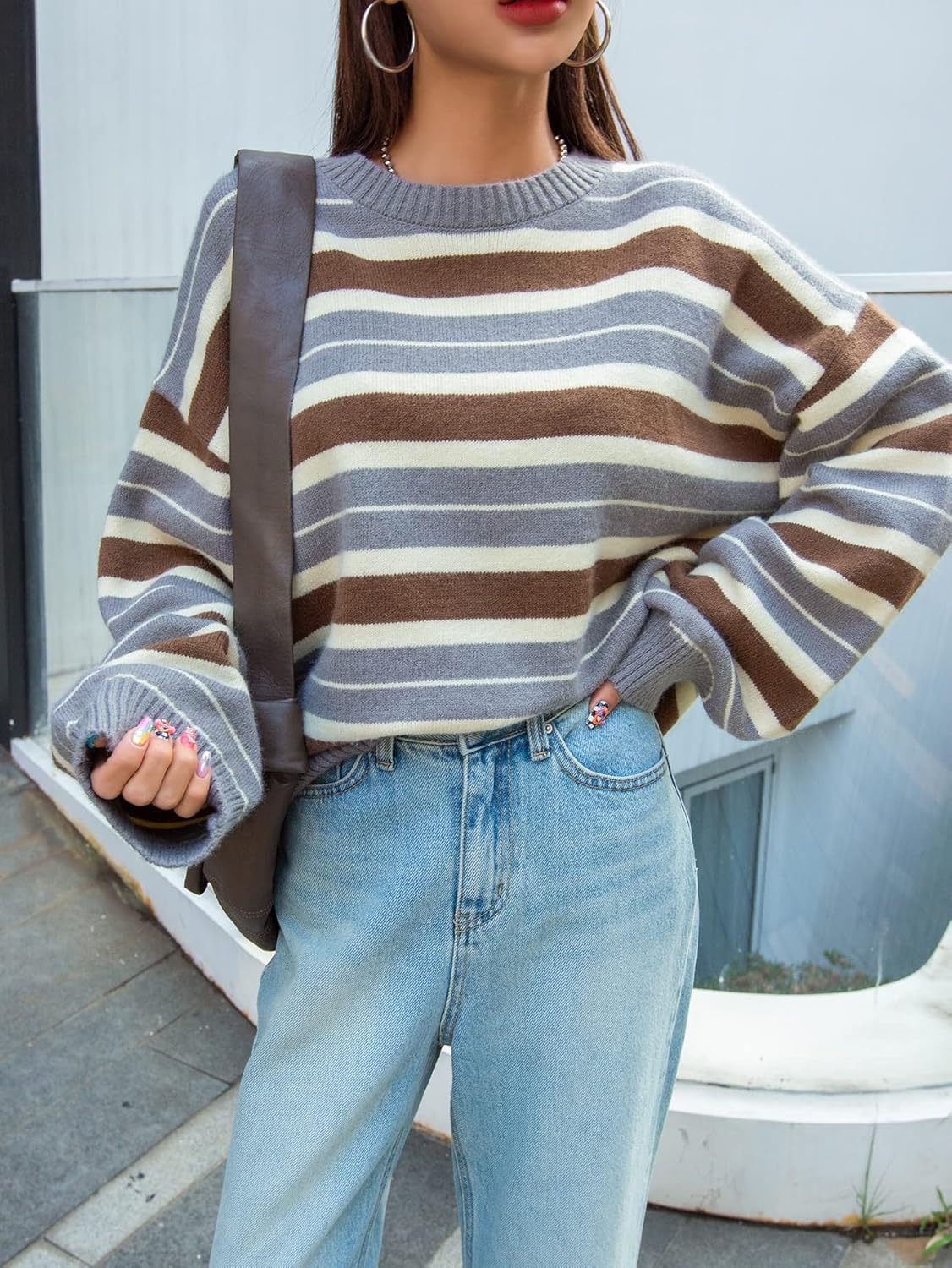 Women's Sweater Color-Block Stripe Pattern Drop Shoulder Sweater Sweater for Women (Color : Multicolor, Size : Medium)