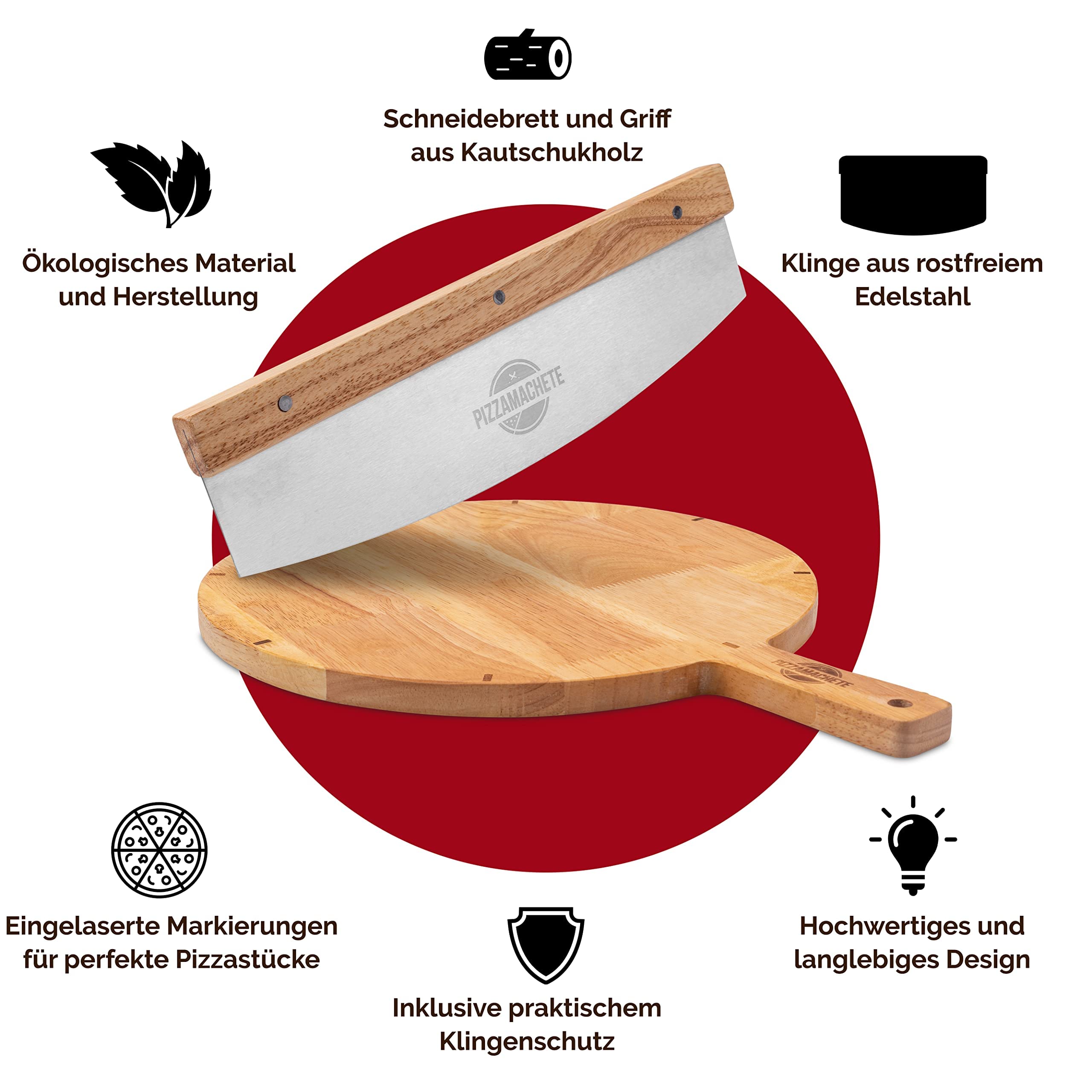 PIZZAMACHETE Pizzaschneider + Pizzabrett , Pizza Set bestehend aus Wiegemesser und Pizzaschneidebrett, -Zubehör mit Cutter aus rostfreiem Edelstahl, Bretter Holz-Griff