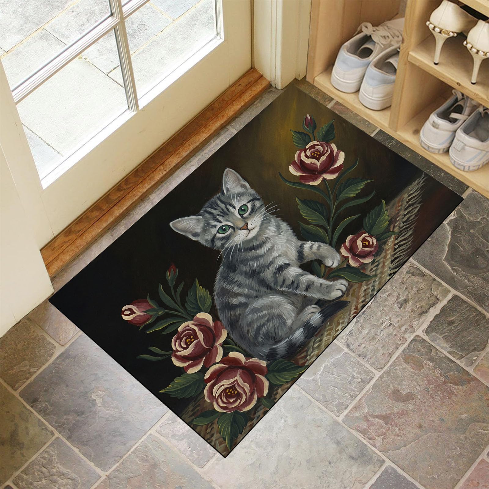 Felpudo de entrada para porche con diseño de gato retro y rosas, ideal para un hogar acogedor