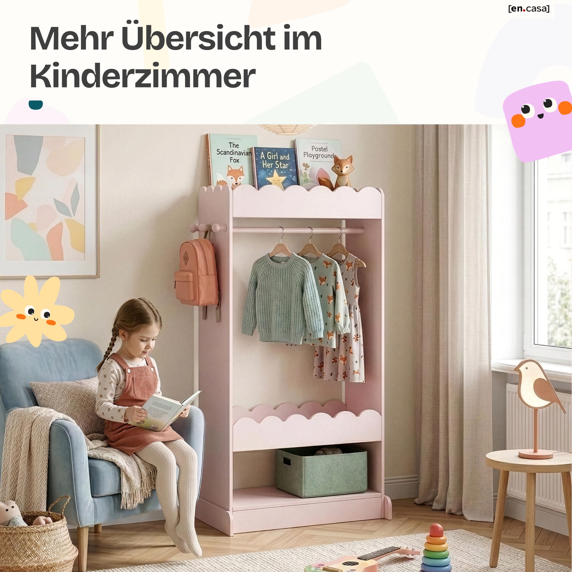 [en.casa] Kindergarderobe stehend Vestnes Kinder Kleiderschrank mit Spiegel und Kleiderstange 120 x 63 x 38 cm Kleiderständer mit 3 Haken Wellendesign Cotton Candy