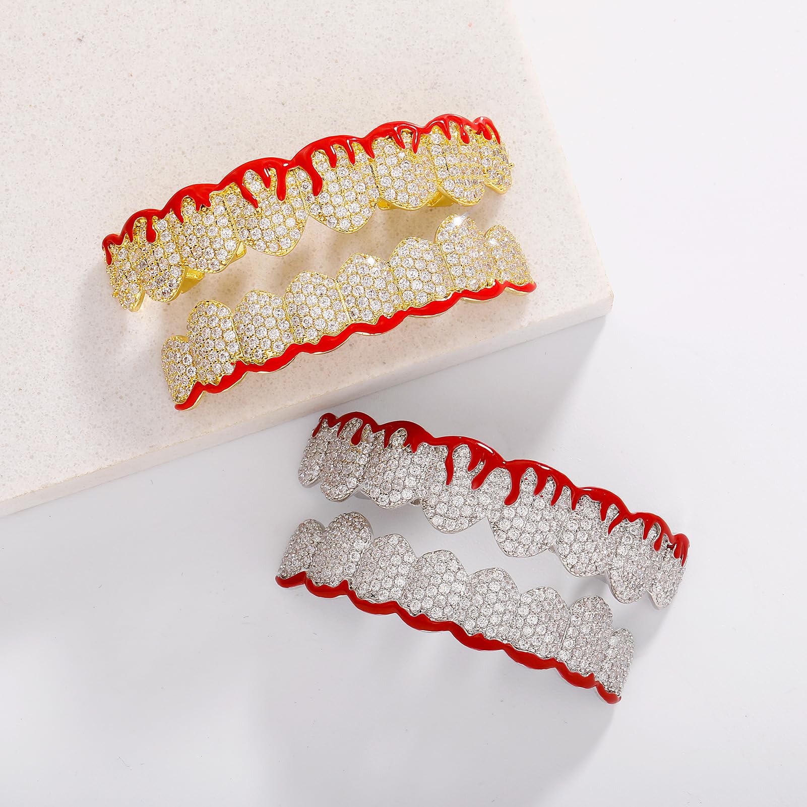 Generic Cosplay szelki Halloween śmieszne złote zęby 14k czerwony płomień cyrkon zęby Grillz - pozłacane mrożone CZ usta Grillz czapki, górny i dolny zestaw grilla, Rock Punk męska biżuteria, złota