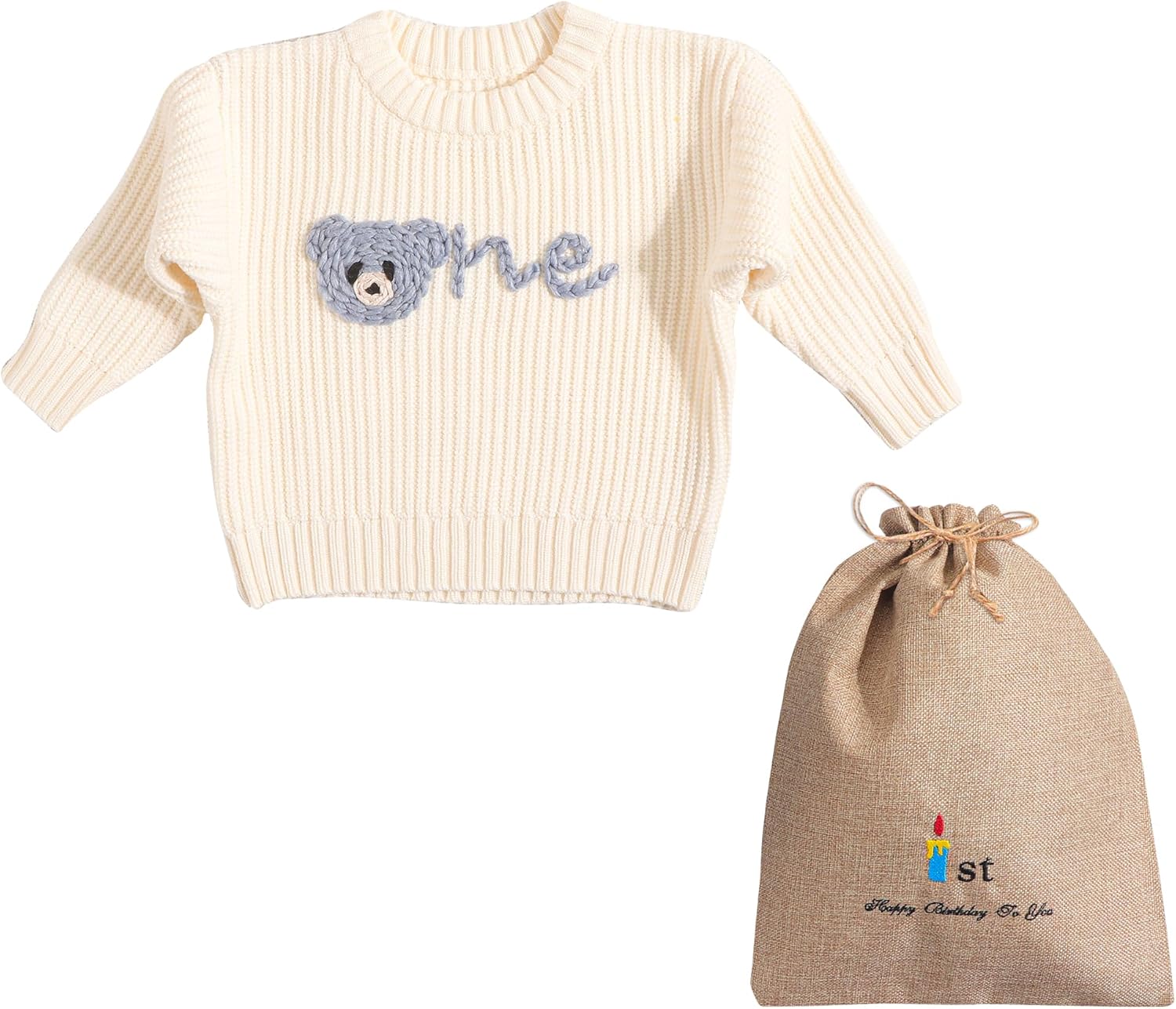 1st First Birthday Outfit Girl Boy One Sweater Embroidery Knit Pullover Fall Winter Clothes with Baby Gift Bag