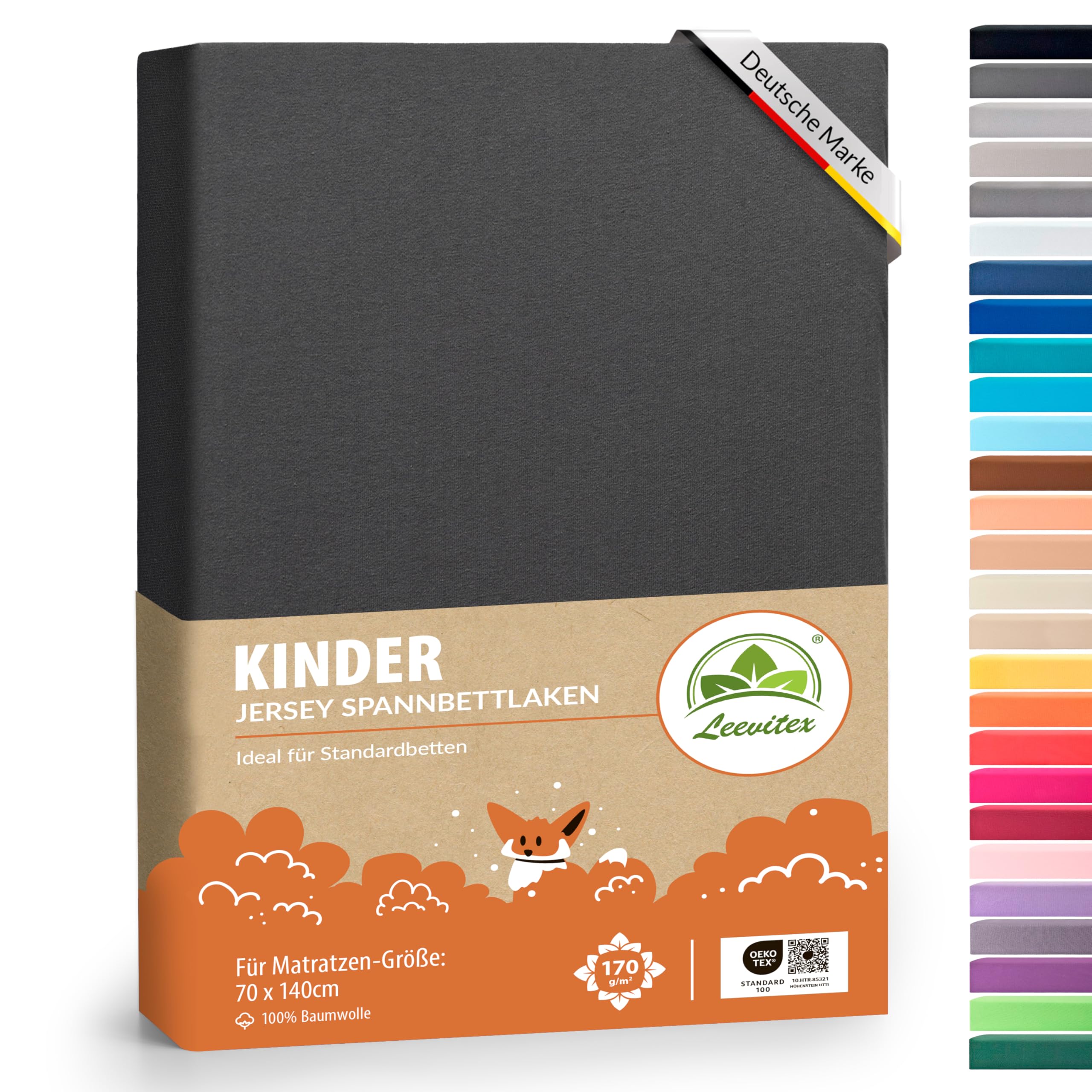 leevitex® Premium Kinder Spannbettlaken | 1 Spannbetttuch | für Babybett & Kinderbett 70 x 140 cm | 100% hochwertige Mako-Jersey-Baumwolle - 170 g/m² | Öko-Tex | Anthrazit/Grau