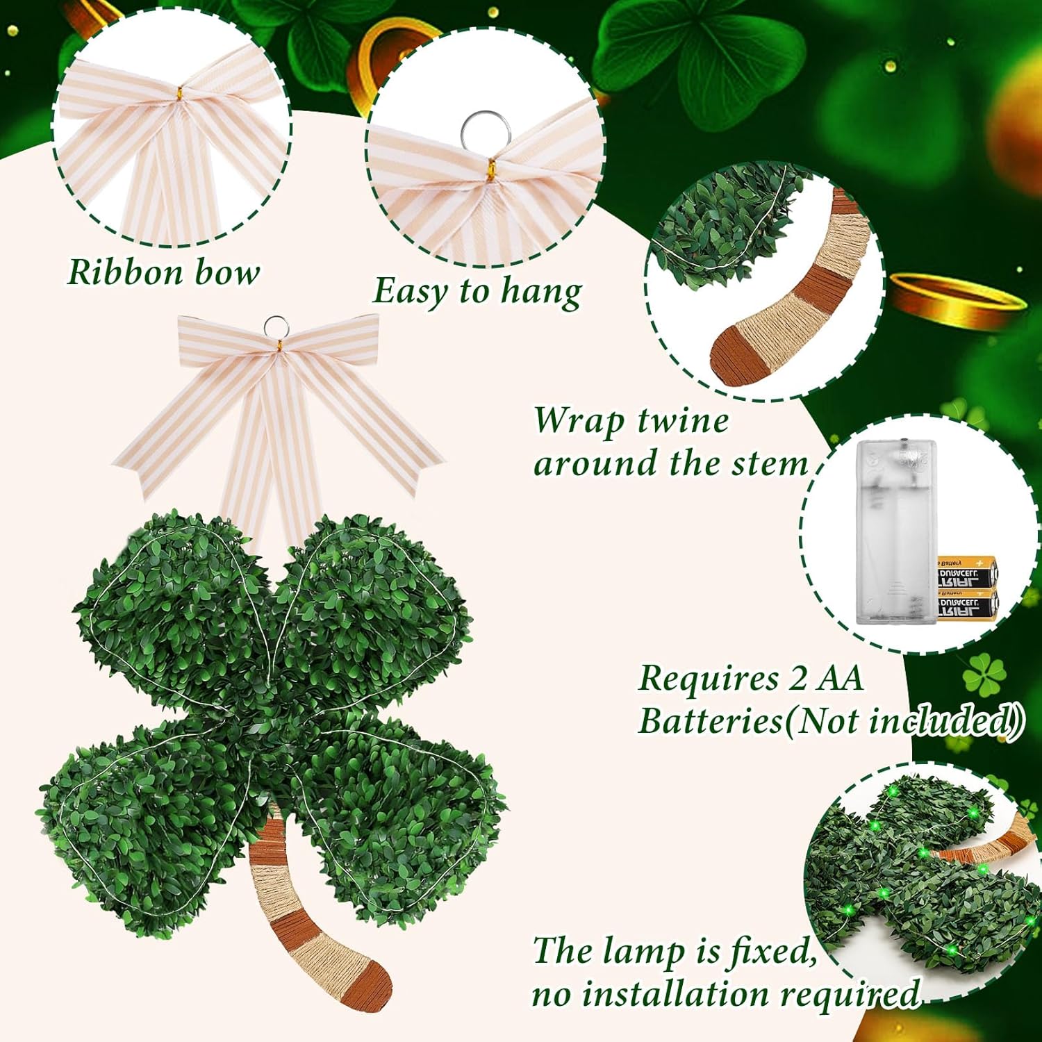 St. Patrick's Day Wreath Decorations, St Patricks Day Shamrock Wreath with Lights, Hanging Lucky St Patricks Day Door Decorations for Home Front Door Wall Porch Decor Party Supplies - Image 3