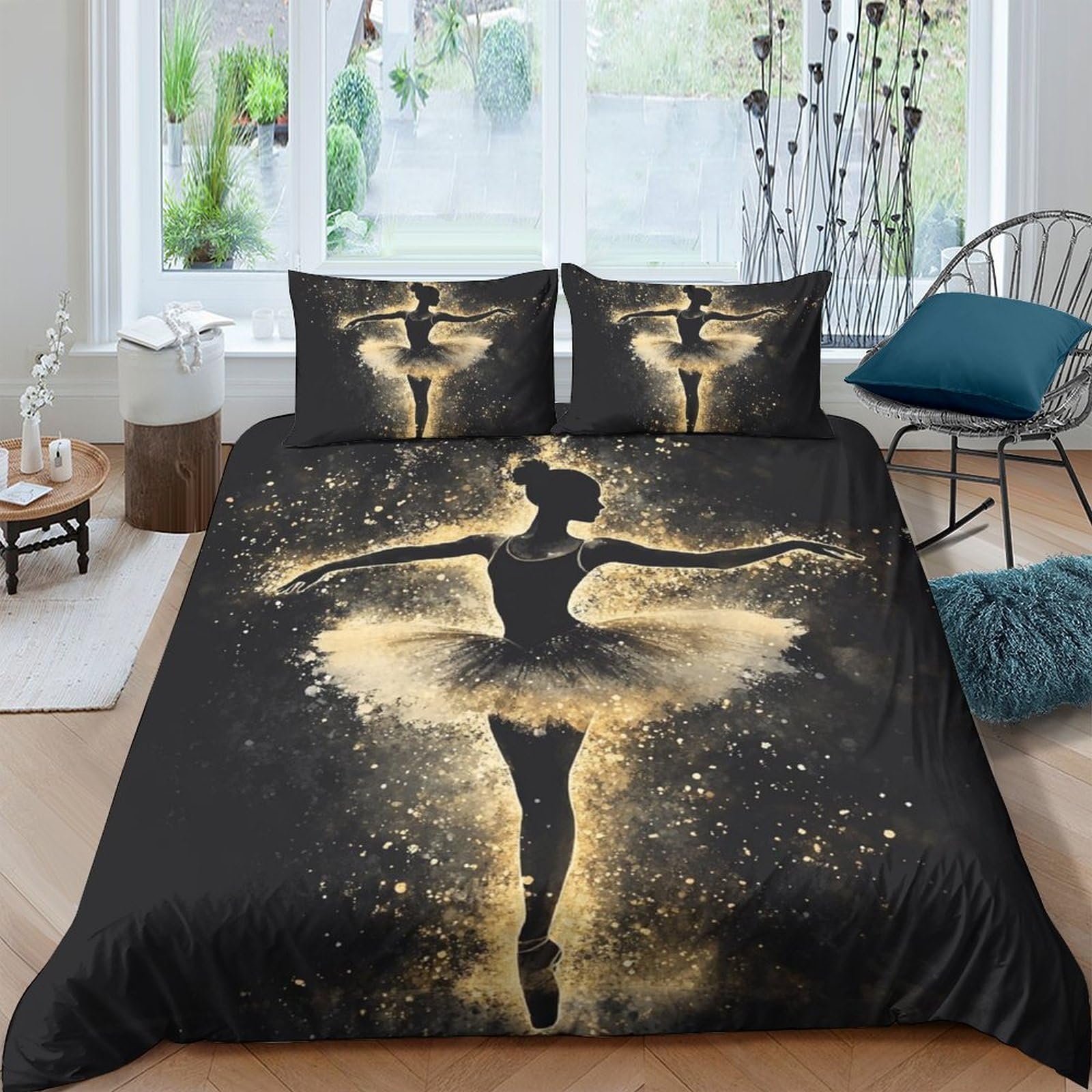 Ctjqhvkz Style-4 3D Printed Ballerina Silhouette Fitted Sheet Microfiber Black Gold Dance Art Mattress Cover Bedroom Decor Single（135X200cm）
