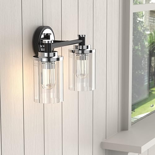 Miniatura 3 de PHIXART Luminarias de Baño Negras y Cromadas con Pantalla de Vidrio Transparente de Rayas Cilíndricas Base de Casquillo E26 Luminarias de Baño Sobre