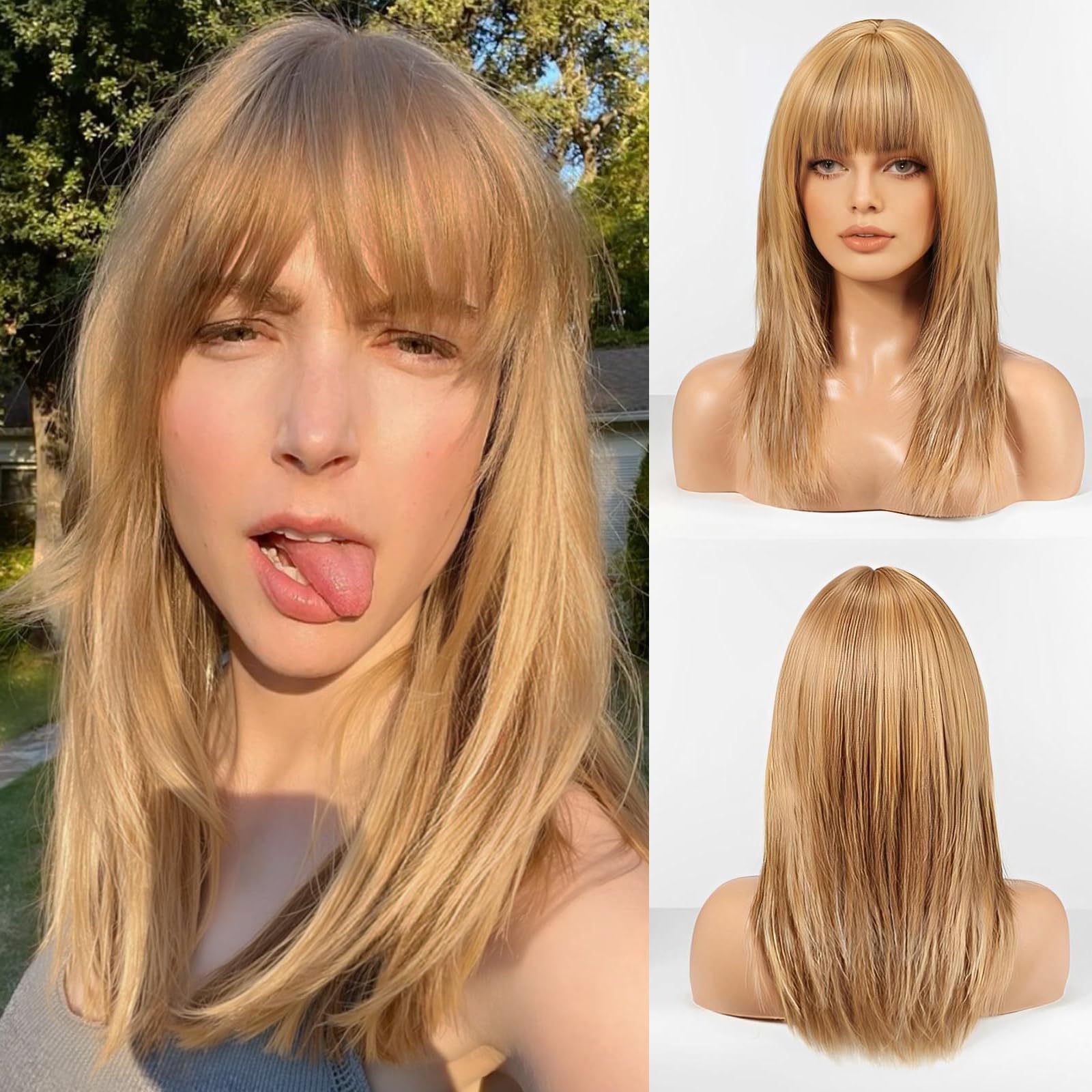 HAIRCUBE Women Wig Straight Wigs for Women Shoulder Length Blonde Wig Synthetic Wigs with Bangs Daily Cosplay