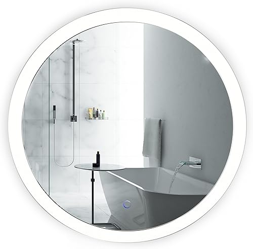 Krugg LED espejo redondo de baño de 27 pulgadas de diámetro Espejo de tocador iluminado incluye atenuador y desempañador vidrio con respaldo