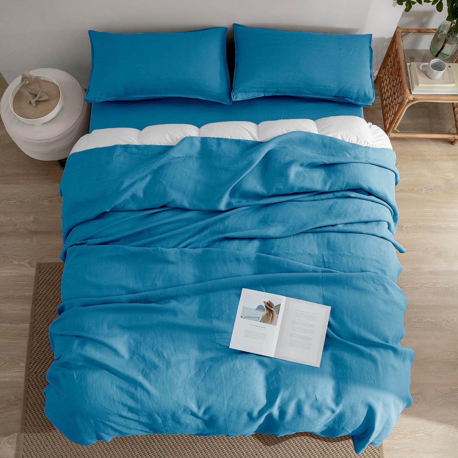 EVERLY Linen Sheets Set King Size,100% French Stonewash Pure Linen Bed Sheets,4Pieces (1Flat Sheet,1Fitted Sheet,2Pillowcase) Suitable for Hot Sleepers,Deep Pocket Natural Bedding Set-Blue - Image 7