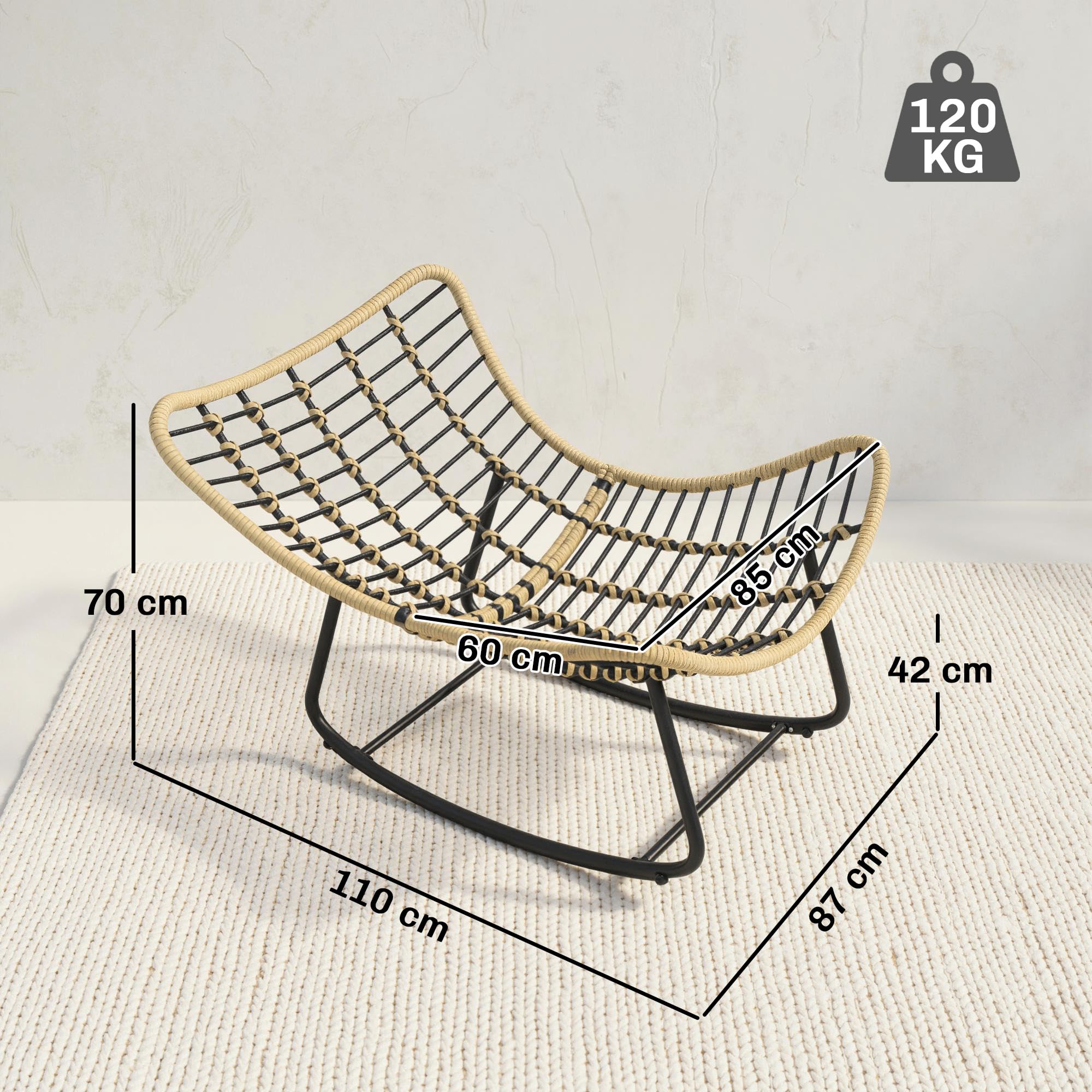 Outsunny Fauteuil à Bascule de Jardin pour Intérieur et Extérieur, Rocking Chair en Résine Tressée avec Coussin Moelleux, Fauteuil Œuf pour Terrasse, Balcon, Chambre, 110 x 87 x 70 cm, Gris