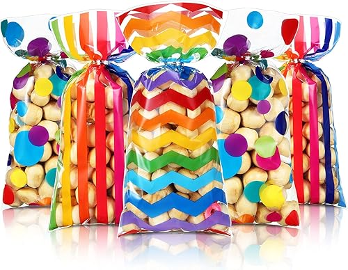 105 bolsas de celofán arcoíris, diseño de rayas de lunares, bolsas de dulces con lazos giratorios para el día del orgullo, almuerzos escolares, baby