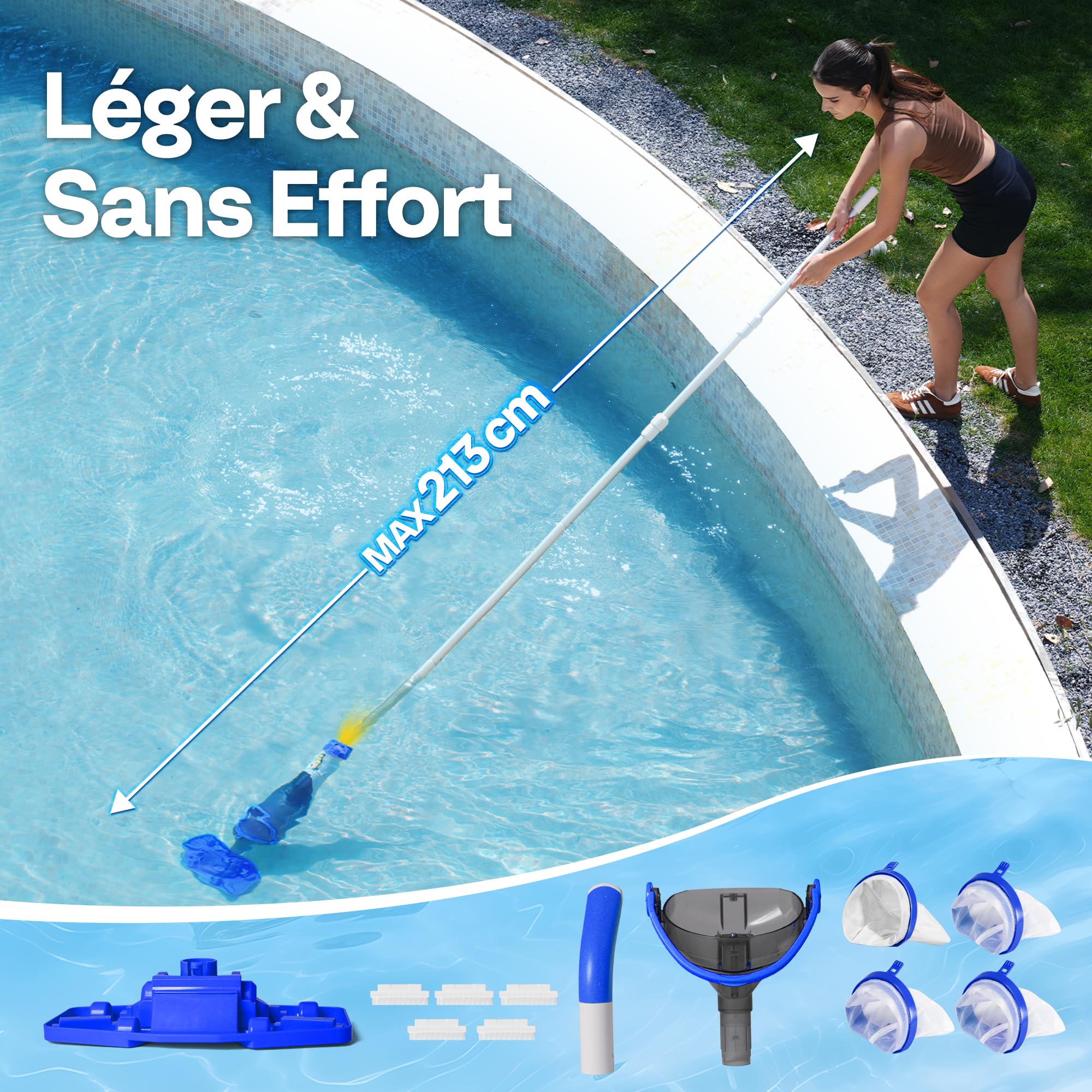 VIVOHOME Aspirateur de Piscine sans Fil 4200LPH avec Perche Télescopique 213cm, Nettoyeur de Piscine Portable avec 4 Sacs Filtrants, Autonomie jusqu'à 60 Minutes, pour Piscines et Spas