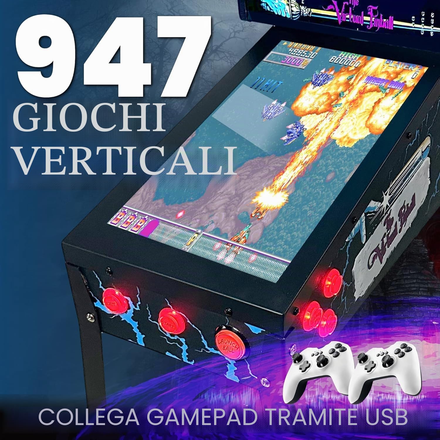 Flipper virtuale, Playfield 18.5", Backglass 15", PC AMD Ryzen 5 con 16GB RAM 256GB SSD, Più di 500 tavole di Visual Pinball e più di 900 giochi mame verticali, Sensore KL25Z (VERSIONE MIGLIORATA)