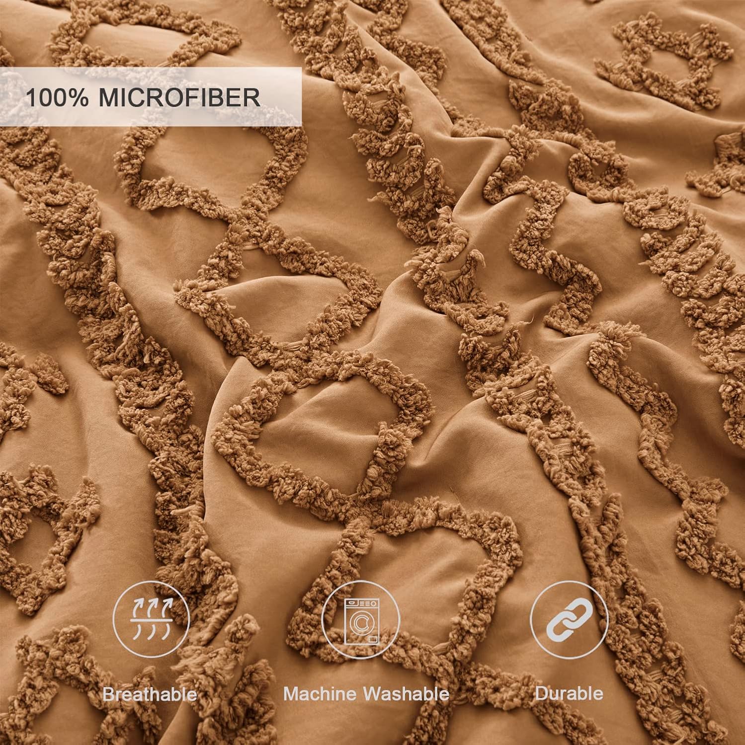 Oli Anderson Pumpkin Brown King Comforter Set Tufted Bedding Set King 3 Pieces, Boho Shabby Chic Comforter with 2 Pillowcases (Pumpkin Brown,King) - Image 3