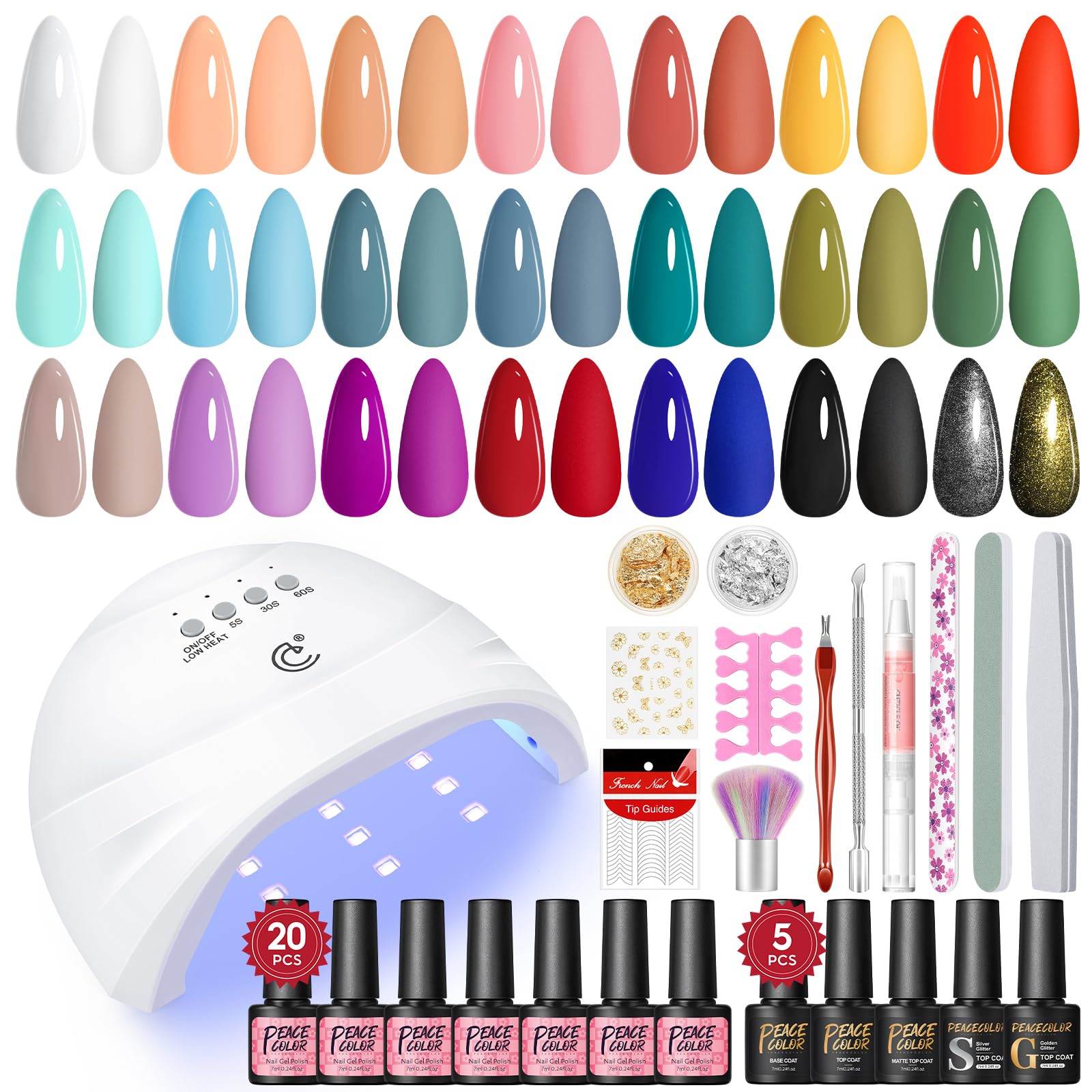 PEACECOLOR 38Pcs Kit Vernis Semi Permanent avec Lampe UV/LED,20 Couleus Kit Ongle Gel Rouge Bleu avec Base Top Coat Brillant Mat et Glitter pour Débutant Décorations et Accessoires pour Les Ongles