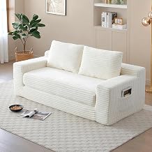 3 Seater Boneless Couch, Corduroy Upholstered Convertible Futon Sofa Bed with Pillows, 2-in-1 Pull Out Couch with Side Storage Pocket, Sleeper Sofa Bed for Living Room, Apartment Beige