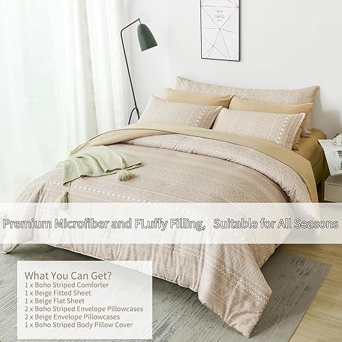 Miniatura 2 de RYNGHIPY Juego de edredón beige tamaño King, juego de ropa de cama color crema, ligero, suave, geométrico, bohemio, cama en una bolsa para todas las