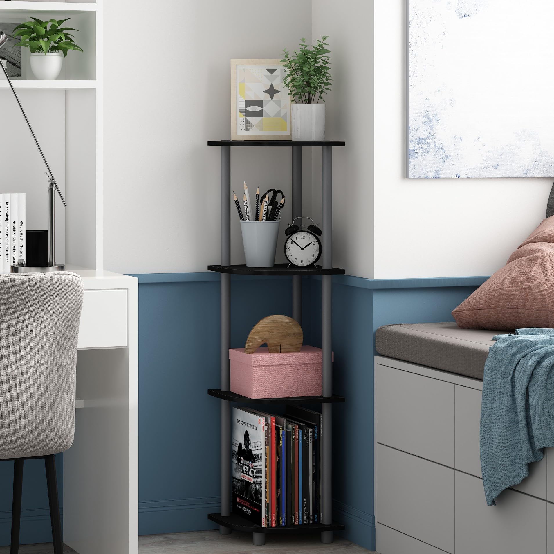 Furinno TURN-N-TUBE Corner Shelf, 4-Tier Corner Bookshelf, Display Storage Shelves with Open Shelves, for Organization and Storage, Living Room, Home Office, Garage, Black