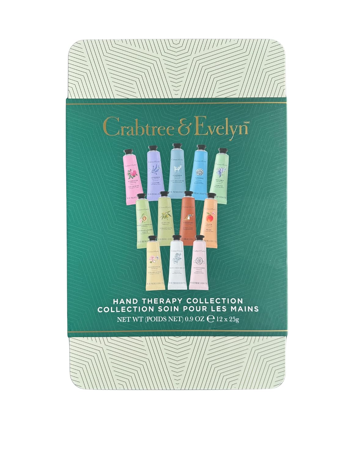 Crabtree & Evelyn 12-Piece Hand Therapy Collection with Collectible Tin (Geometric Kelly Green, 12)