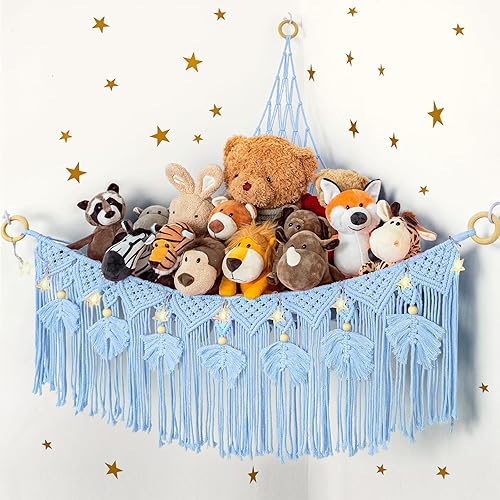 ANROYE Almacenamiento de animales de peluche de macramé con luz de estrella, hamaca azul oso para decoración de habitación de niñas, organizador de