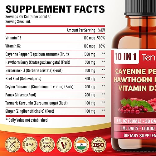 Miniatura 2 de Gotas líquidas de pimienta de cayena 10 en 1 con vitamina D3, vitamina K2, bayas de espino, raíz de remolacha, jengibre, canela de Ceilán, cúrcuma,