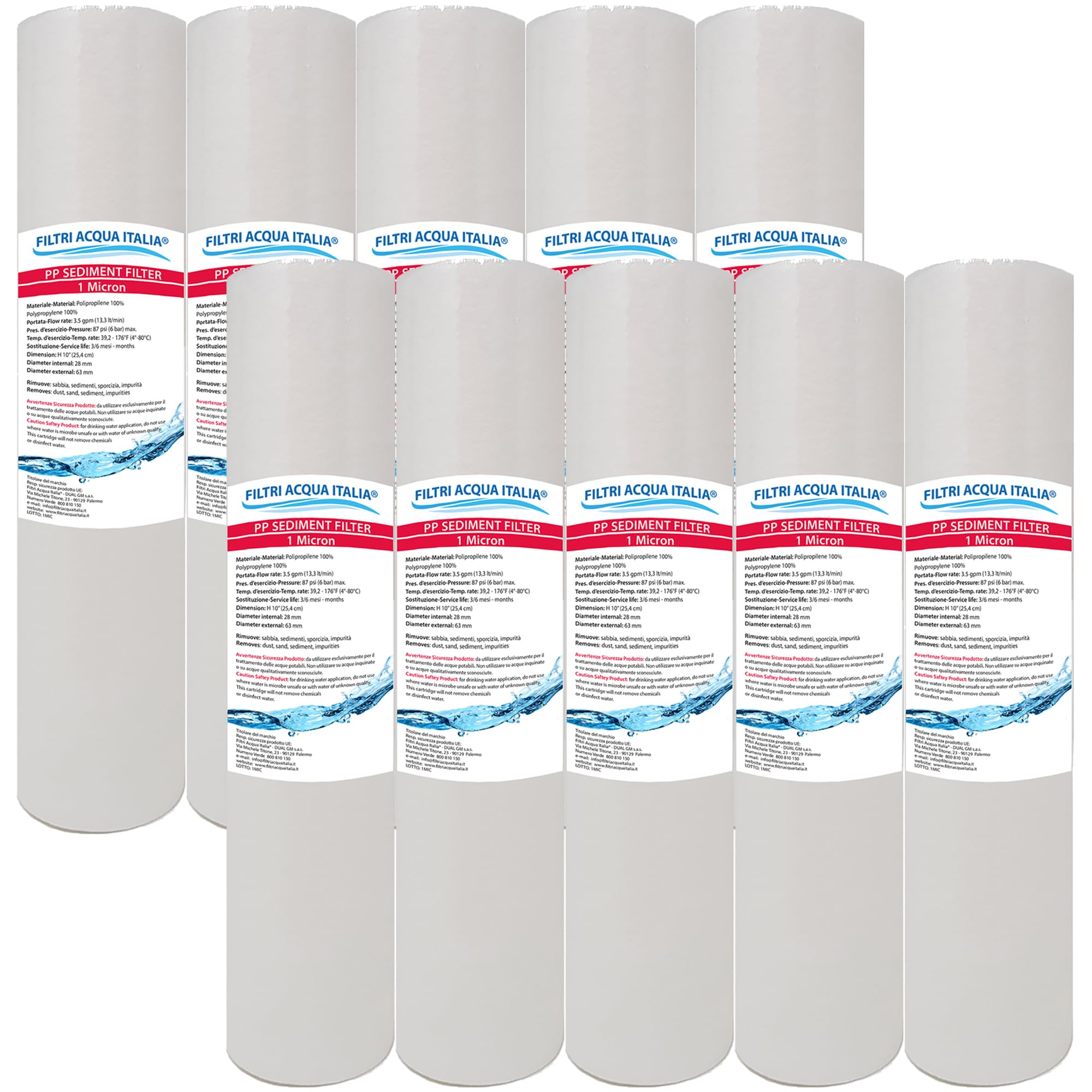 Cartuccia Filtro Acqua Polipropilene A SEDIMENTI 10 Pollici Micron 1 per OSMOSI INVERSA DEPURATORE Acqua Set 10 Pezzi