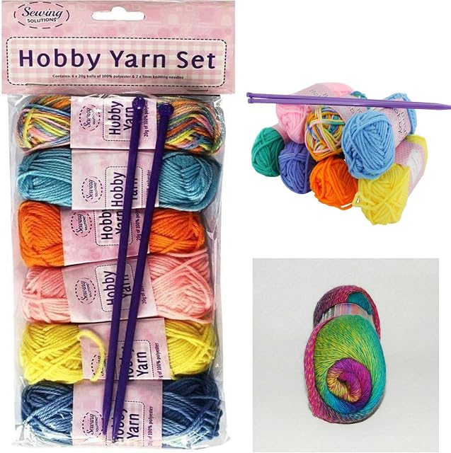 MUSAN 6pcs Multi Colour Hobby Yarn Set - 2 Needles Plastic Knitting Handcrafts Arts & Crafts - Premium Quality Hobby Yarn Wool Ball - Home Essentials Crafting Set Starter Kits