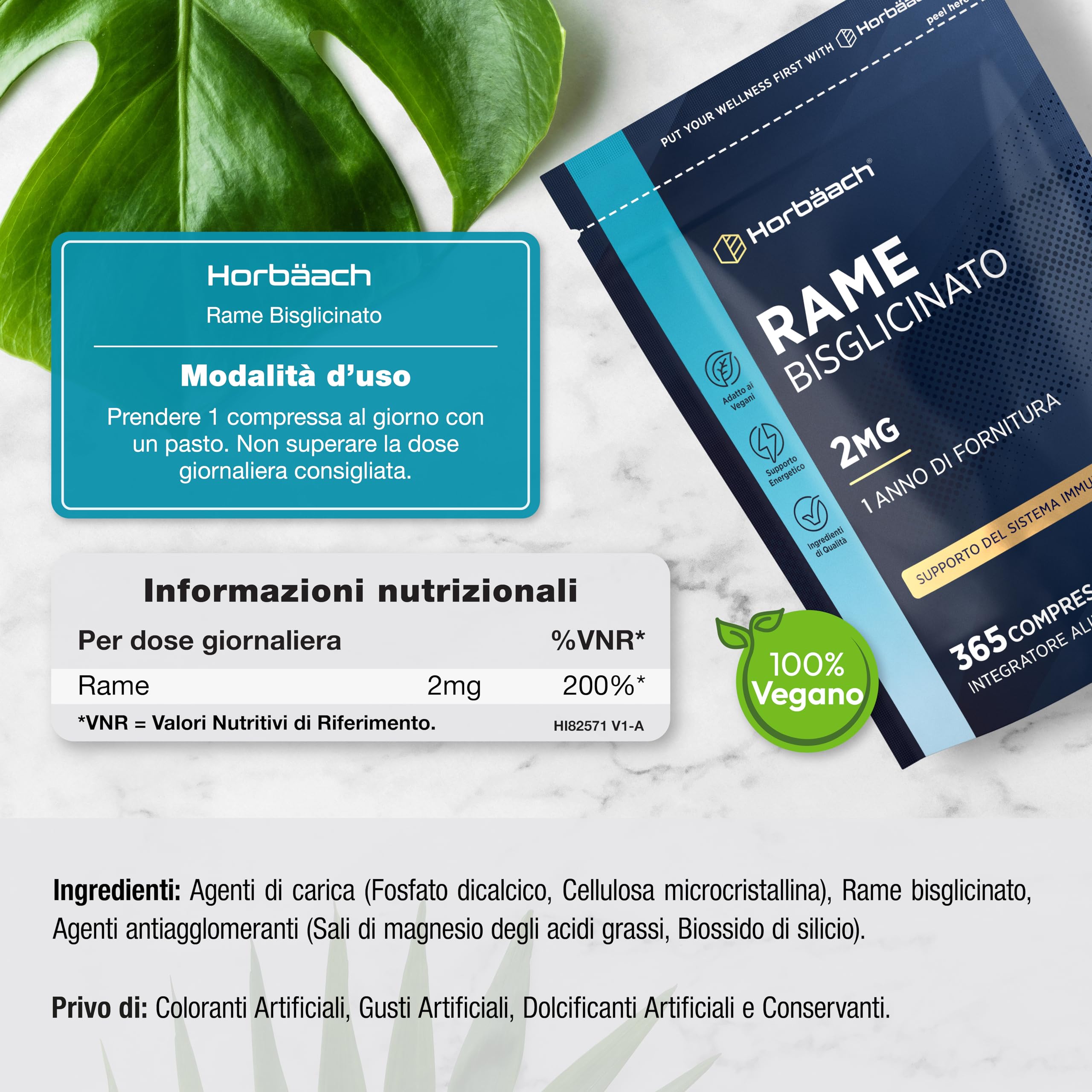 Rame Integratore 2mg | 365 Compresse Vegane per 1 Anno | Alternativa a Rame Integratore Capsule | Integratore Alimentare ad Alto Dosaggio | Chelated Copper Supplement | di Horbaach